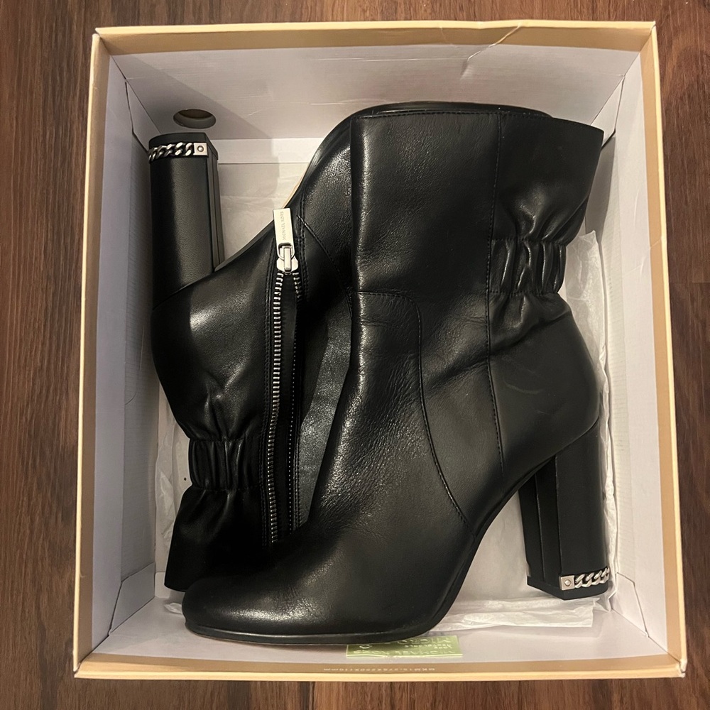 Michael by Michael Kors Black Leather Ankle Boots with Block Chain Heels BNIB